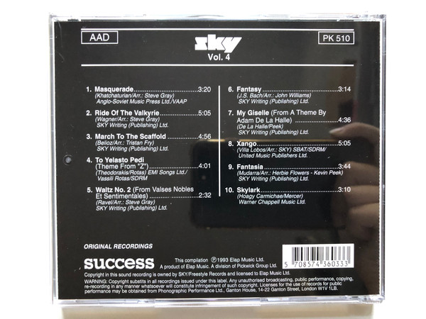 Sky 4-Forthcoming  ORIGINAL RECORDINGS  JOHN WILLIAMS, HERBIE FLOWERS, KEVIN PEEK, TRISTAN THY, STEVE GRAY  Elap Music  PK 510  Audio CD (5708574360333)
