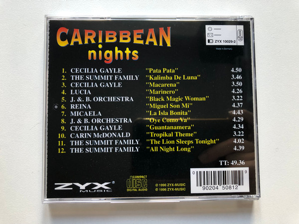 Caribbean Nights - Marinero; Kalimba de Luna; La isla bonita; Tropikal Theme; Oye como va; Black magic woman; All night long; Macarena; Pata pata; Guantanamera; and more... / ZYX Music Audio CD 1996 / ZYX 10029-2