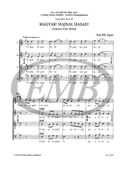 Balázs Árpád Magyar! Hajnal hasad!  Words by Csokonai Vitéz Mihály  sheet music (9790080123393)