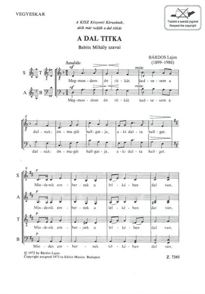 Bárdos Lajos A dal titka  Words by Babits Mihály  sheet music (9790080073452)