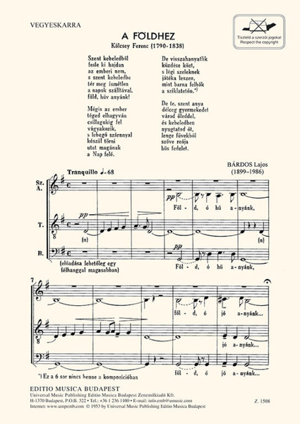 Bárdos Lajos A földhez  Words by Kölcsey Ferenc  sheet music (9790080015087)