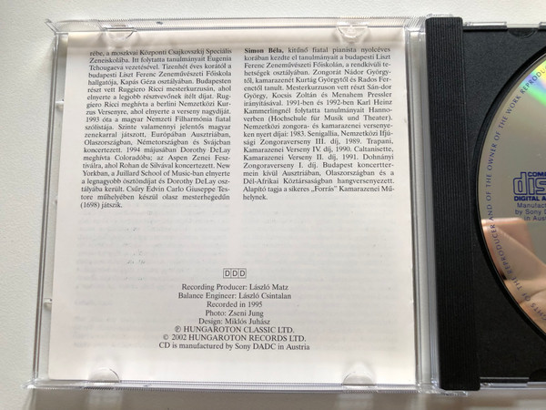 Sarasate - Eight Spanish Dances; Caprice Basque; Zigeunerweisen; Concert Fantasy On Carmen - Edvin Csury (violin), Bela Simon (piano) / Hungaroton Classic Audio CD 1996 Stereo / HCD 32188