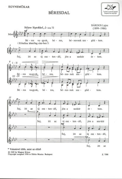 Bárdos Lajos Béresdal  sheet music (9790080075883)