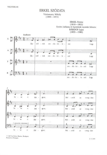 Bárdos Lajos Erkel szózata  Words by Vörösmarty Mihály  sheet music (9790080132890)