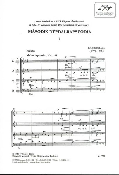 Bárdos Lajos Second Folksong Rhapsody  sheet music (9790080073414)