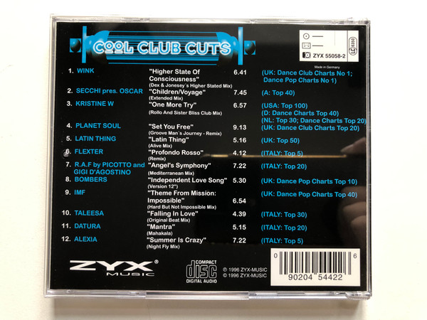 Cool Club Cuts - R.A.F., Secchi, Flexter, Alexia, Planet Soul, Latin Thing, Kristine W, Bombers, Datura, Taleesa, IMF, Wink / ZYX Music Audio CD 1996 / ZYX 55058-2