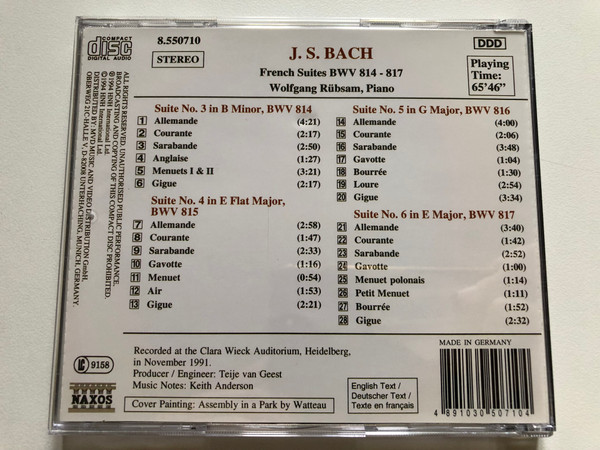 J. S. Bach - French Suites Nos. 3-6; BWV 814-817 - Wolfgang Rübsam (piano) / Naxos Audio CD 1994 Stereo / 8.550710