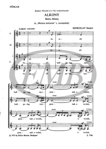 Szokolay Sándor Alkony  Words by Babits Mihály  sheet music (9790080077009)