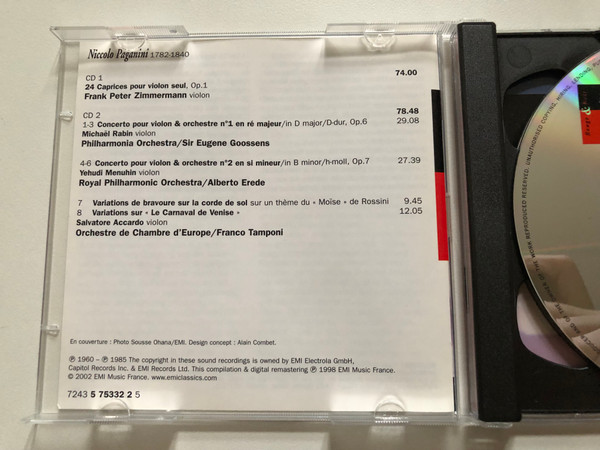 Paganini - 24 Caprices; Concertos pour violon - Accardo, Menuhin, Rabin, Zimmermann / EMI 2x Audio CD 2002 Stereo / 724357533225