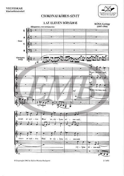 Kósa György Csokonai kórus-szvit  vegyeskarra klarinét kísérettel  Words by Csokonai Vitéz Mihály  sheet music (9790080034507)