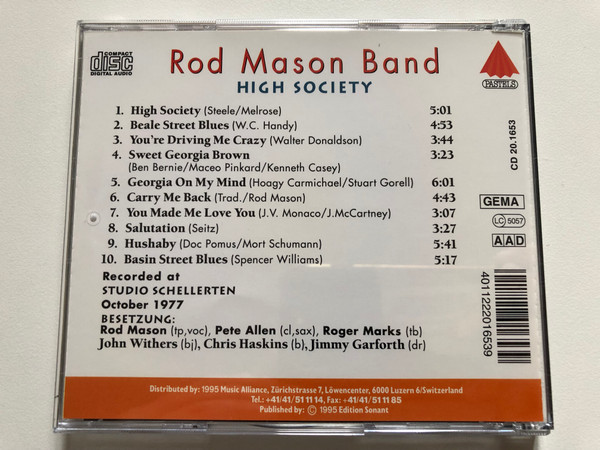 Rod Mason Band – High Society / Carry Me Back; Sweet Georgia Brown; You Made Me Love You; Georgia On My Mind; u. a. / Digital Remastered Jazz Edition / Edition Sonant Audio CD 1995 / CD 20.1653
