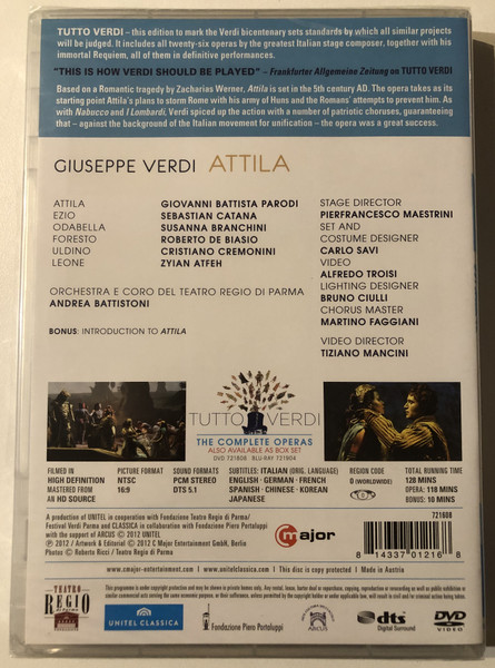 VERDI - ATTILA / PARODI, CATANA, BRANCHINI, DE BIASIO / ORCHESTRA E CORO DEL TEATRO REGIO DI PARMA / ANDREA BATTISTONI / STAGED BY PIERFRANCESCO MAESTRINI / TUTTO VERDI / DVD Video (814337012168)