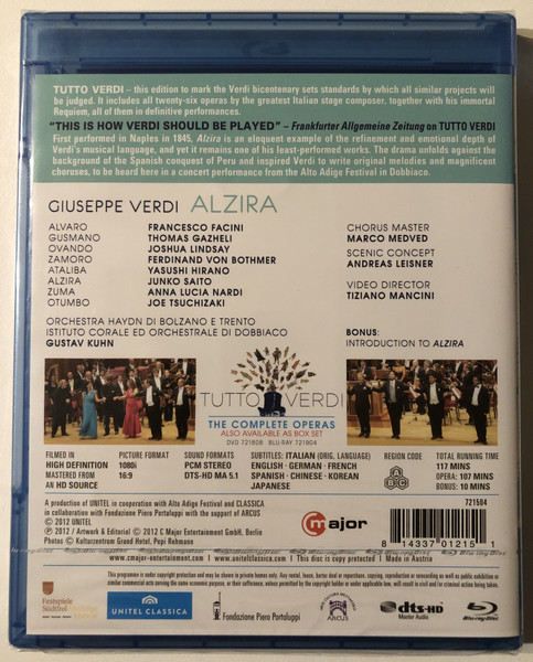 VERDI - ALZIRA / FACINI, GAZHELI, VON BOTHMER, SAITO / ORCHESTRA HAYDN DI BOLZANO E TRENTO / ISTITUTO CORALE ED ORCHESTRALE DI DOBBIACO GUSTAV KUHN / TUTTO VERDI / DVD Video (814337012151)