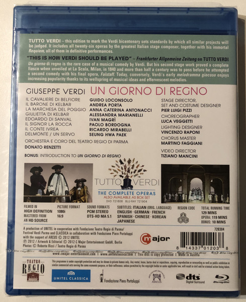 VERDI - UN GIORNO DI REGNO / LOCONSOLO, PORTA, ANTONACCI, MARIANELLI, MAGRI, BORDOGNA / ORCHESTRA E CORO DE TEATRO REGIO DI PARMA / DONATO RENZETTI / STAGED BY PIER LUIGI PIZZI / TUTTO VERDI / DVD Video (814337012038)