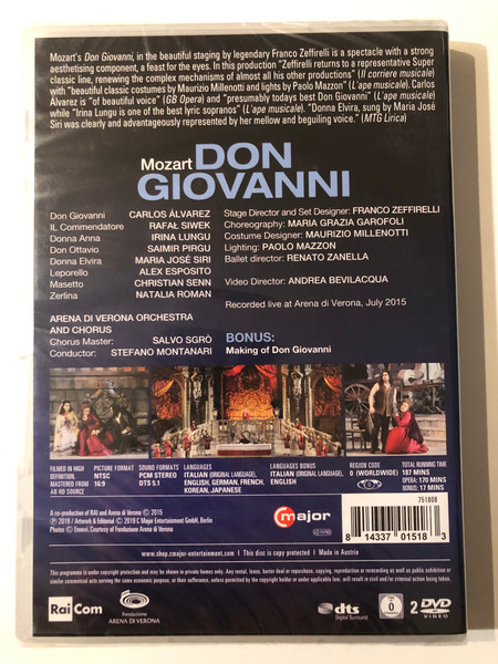 Mozart - DON GIOVANNI / CARLOS ÁLVAREZ, IRINA LUNGU, ALEX ESPOSITO, MARIA JOSÉ SIRI, RAFAŁ SIWEK, SAIMIR PIRGU / ARENA DI VERONA ORCHESTRA AND CHORUS, STEFANO MONTANARI / STAGE DIRECTOR FRANCO ZEFFIRELLI / major / DVD Video (814337015183)