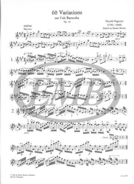 Paganini, Niccolo 60 Variations sur l'air Barucaba pour violon Op. 14  Edited by Devich Sándor  sheet music (9790080121986)
