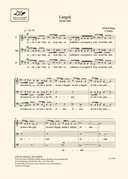 Tóth Péter Lángok  Words by Dsida Jenő  sheet music (9790080145838)