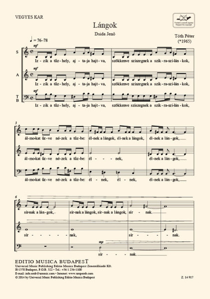 Tóth Péter Lángok  Words by Dsida Jenő  sheet music  Universal Music Publishing Editio Musica Budapest (9790080149171)