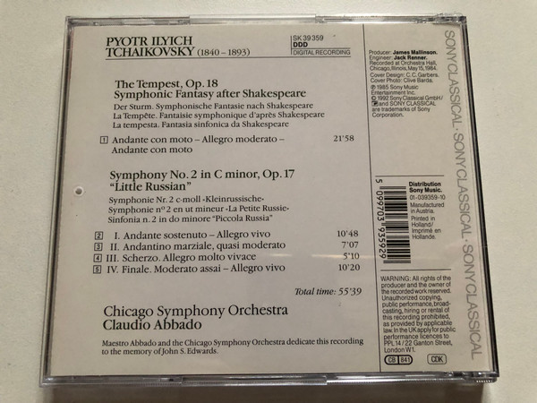 Tchaikovsky - Symphony No. 2 in C minor, Op,17 "Little Russian"; The Tempest - Chicago Symphony Orchestra, Claudio Abbado / Sony Classical Audio CD 1992 / SK 39 359