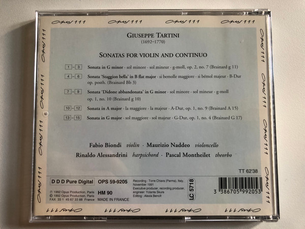 Tartini - Five Sonatas For Violin And Basso Continuo; Staggion Bella; Didone Abbandonata - Fabio Biondi, Maurizio Naddeo, Rinaldo Alessandrini, Pascal Montheillet / Opus 111 Audio CD 1992 / OPS 59-9205 