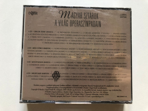 Magyar Sztárok A Világ Operaszínpadain - Gregor József, Melis György, Kováts Kolos, Miller Lajos / Reader's Digest 4x Audio CD 2009 / RM-CD09071-1-4