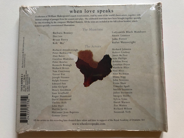 When Love Speaks / Shakespeare's sonnets in songs and words produced by Michael Kamen - Featuring Richard Attenborough, Kenneth Branagh, Brvan Ferry, Joseph Fiennes, Ralph Fiennes, Ladysmith Black Mambazo / EMI Audio CD 2002 Stereo / 724355727824