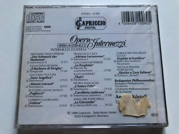 Opern-Intermezzi = Opera-Intermezzi - Cavalleria Rusticana, Il Barbiere di Siviglia-Fedora, La Gioconda, L'amico Fritz, Manon Lescaut, Le Prophete, Pagliacci, Thais, etc. / Budapest Philharmonic Orchestra / Capriccio Audio CD 1986 Stereo / 10 080