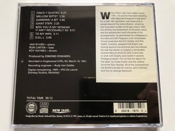Jaki Byard – Here's Jaki / Original Jazz Classics Limited Edition Series / Original Jazz Classics Audio CD 1995 / OJCCD-1874-2