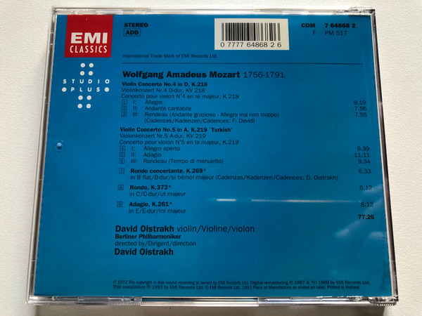 Mozart: Violin Concertos Nos 4 & 5: Rondos, KV 269 & 373; Adagio, KV 261 - Berlin Philharmonic Orchestra, David Oistrakh / Studio Plus / EMI Classics Audio CD 1993 Stereo / CDM 7 64868 2
