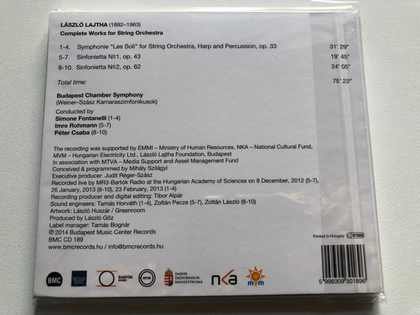 Laszlo Lajtha: Complete Works for String Orchestra - Budapest Chamber Symphony, Simone Fontanelli, Imre Rohmann, Peter Csaba / Budapest Music Center Records Audio CD 2014 / BMC CD 189