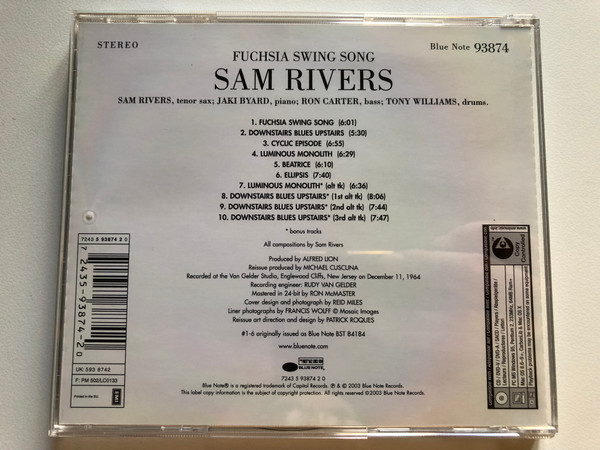Sam Rivers: Fuchsia Swing Song - Jaki Byard, Ron Carter, Anthony Williams / Blue Note Connoisseur Series / Blue Note Audio CD 2003 Stereo / 7243 5 93874 2 0