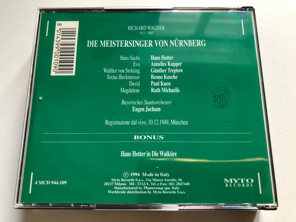 Richard Wagner: Die Meistersinger Von Nürnberg - Hotter, Kupper, Treptow, Kusche, Kuen, E. Jochum / München 1949 / Myto Records 4x Audio CD 1994 / 944.109