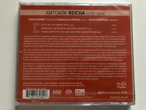 Anton Reicha: Octet Op. 96 (variations for bassoon and string quartet), ''Grand quintetto'' for horn and string quartet Op, 106 - Czech Nonet / Praga Digitals Hybrid Disc Stereo / PRD/DSD 250 244