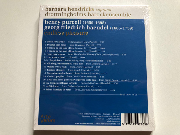 Barbara Hendricks, Drottningholms Barockensemble – Henry Purcell, Georg Friedrich Haendel: Endless Pleasure / Arte Verum Audio CD 2007 / ARV-003