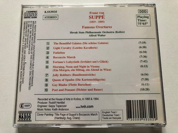 Suppé - Famous Overtures: The Beautiful Galatea, Poet And Peasant, Fatinitza, Jolly Robbers and others - Slovak State Philharmonic Orchestra (Košice), Alfred Walter / Naxos Audio CD 1996 Stereo / 8.553935