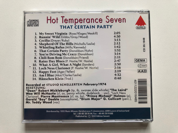 Hot Temperance Seven: That Certain Party - My Sweet Virginia; Chili Bom Bom; Happy Feet; Am I Blue; u. a. / Digital Remastered Jazz Edition / Pastels Audio CD 1995 / CD 20.1648