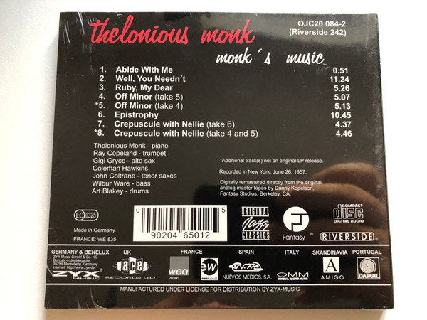 Thelonious Monk Septet: Monk's Music - with Coleman Hawkins, Art Blakey, Gigi Gryce / Original Jazz Classics Audio CD / OJC20 084-2