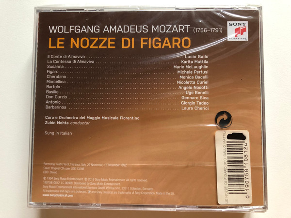 Mozart: Le Nozze Di Figaro - Lucio Gallo, Karita Mattila, Michele Pertusi, Marie McLaughlin, Monica Bacelli, Coro E Orchestra Del Maggio Musicale Fiorentino, Zubin Mehta / Sony Classical Opera / Sony Classical 3x Audio CD 2018 Stereo / 19075810812