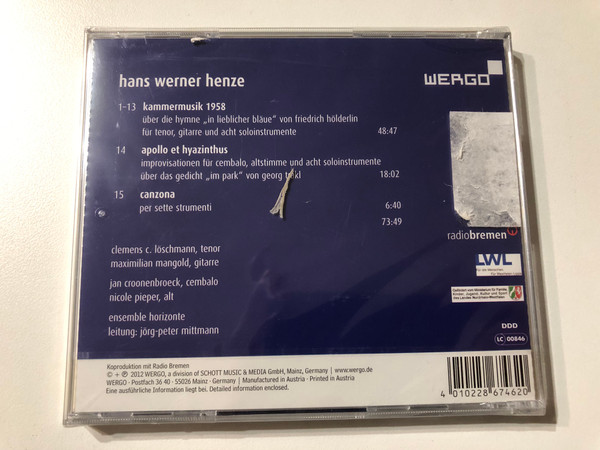 Hans Werner Henze: In Lieblicher Bläue - Musik Für Ensemble - Ensemble Horizonte, Jörg-Peter Mittmann / WERGO Audio CD 2012 / WER 6746 2