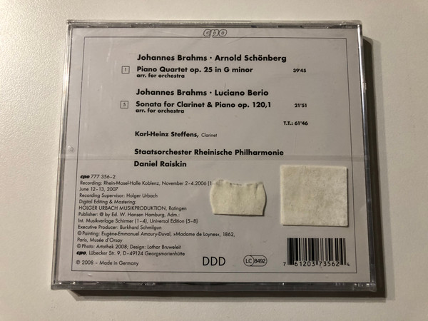 Brahms Arr. Schönberg: Piano Quartet, Brahms arr. Berio: Clarinet Sonata - Karl Heinz Steffens, Staatsorchester Rheinische Philharmonie, Daniel Raiskin / cpo Audio CD 2008 / 777 356-2