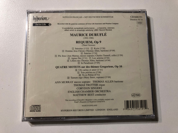 Duruflé: Requiem & Four Motets - Ann Murray, Thomas Allen, Corydon Singers, Thomas Trotter, English Chamber Orchestra, Matthew Best / Hyperion Audio CD / CDA 66191
