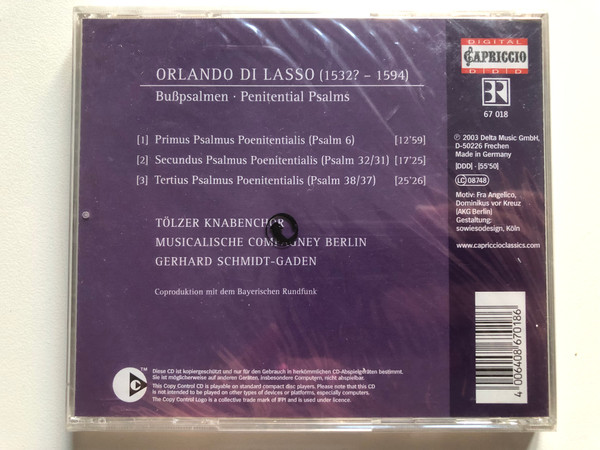 Orlando Di Lasso: Bußpsalmen = Penitential Psalms - Tölzer Knabenchor, Musicalische Compagney, Gerhard Schmidt-Gaden / Capriccio Audio CD 2003 / 67 018