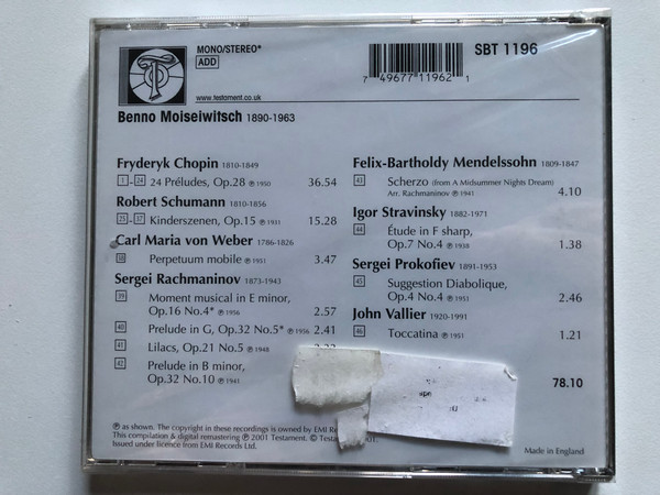 Benno Moiseiwitsch - Chopin: 24 Préludes Op.28, Schumann: Kinderszenen Op.15 - Weber, Medtner, Rachmaninov, Stravinsky, Prokofiev, Vallier / Testament Audio CD 2001 Mono, Stereo / SBT 1196
