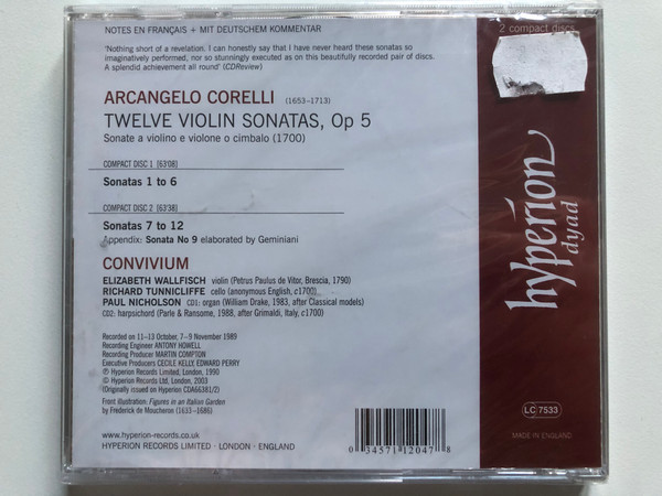Corelli: Violin Sonatas Op 5 - Elizabeth Wallfisch, Richard Tunnicliffe, Paul Nicholson / Dyad / Hyperion 2x Audio CD 2003 / CDD22047