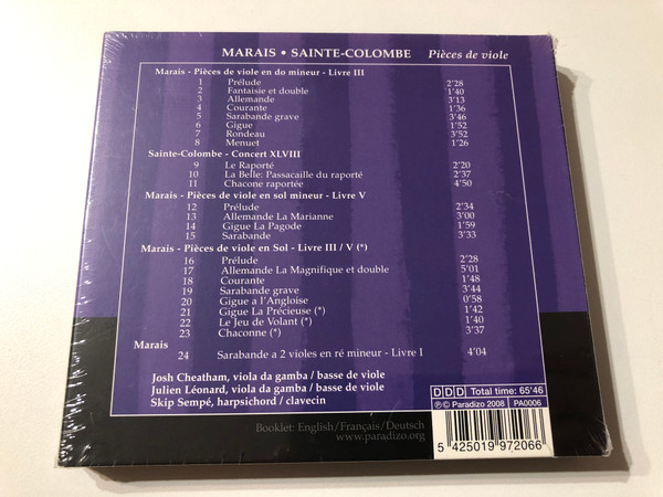Marais, Sainte-Colombe: Pièces de Viole - Josh Cheatham, Julien Léonard, Skip Sempé / Paradizo Audio CD + DVD 2008 / PA0006