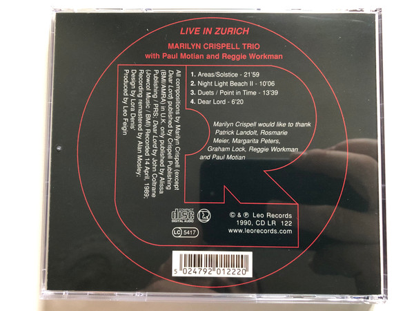 Marilyn Crispell Trio: Live In Zurich - with Paul Motian and Reggie Workman / Leo Records Audio CD 1990 / CD LR 122