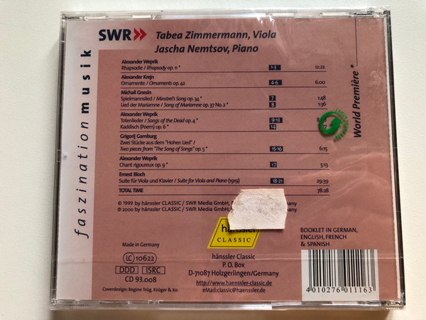 Tabea Zimmermann (viola) And Jascha Nemtsov (piano) play Jewish Chamber Music / Hänssler Classic Audio CD 2000 / CD 93.008