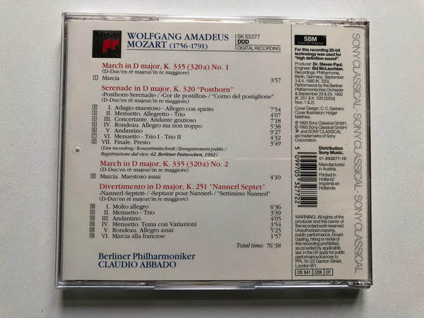 Berliner Philharmoniker, Claudio Abbado - Mozart: "Posthorn" Serenade, Marches, K.335 Nos. 1 & 2, Divertimento, K.251 "Nannerl Septet" / Sony Classical Audio CD 1993 / SK 53 277