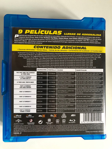 Fast & Furious / COLECCIÓN 9 PELÍCULAS / INCLUYE: FAST & FURIOUS 1-8 + FAST & FURIOUS HOBBS & SHAW / Blu-ray Disc / DVD Video (8414533125192)
