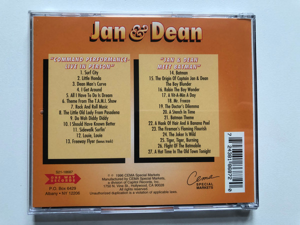 Jan & Dean – ''Command Performance-Live In Person''; ''Jan & Dean Meet Batman'' / One Way Records Audio CD 1996 / S21-18687